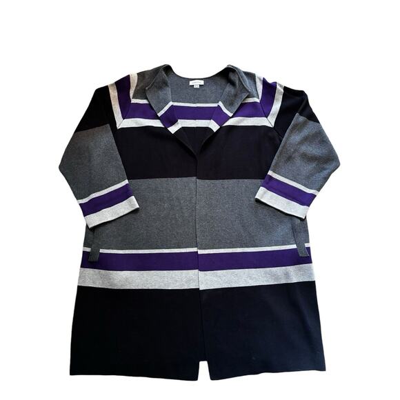 Calvin Klein Open Front Long Cardigan 2X Gray Purple Black Color Block Stripes - Picture 5 of 11